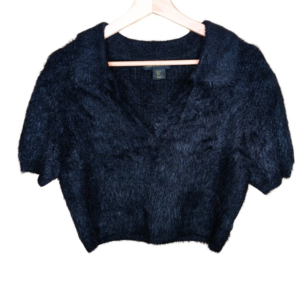House of Harlow Black Fuzzy Crop Polo Top